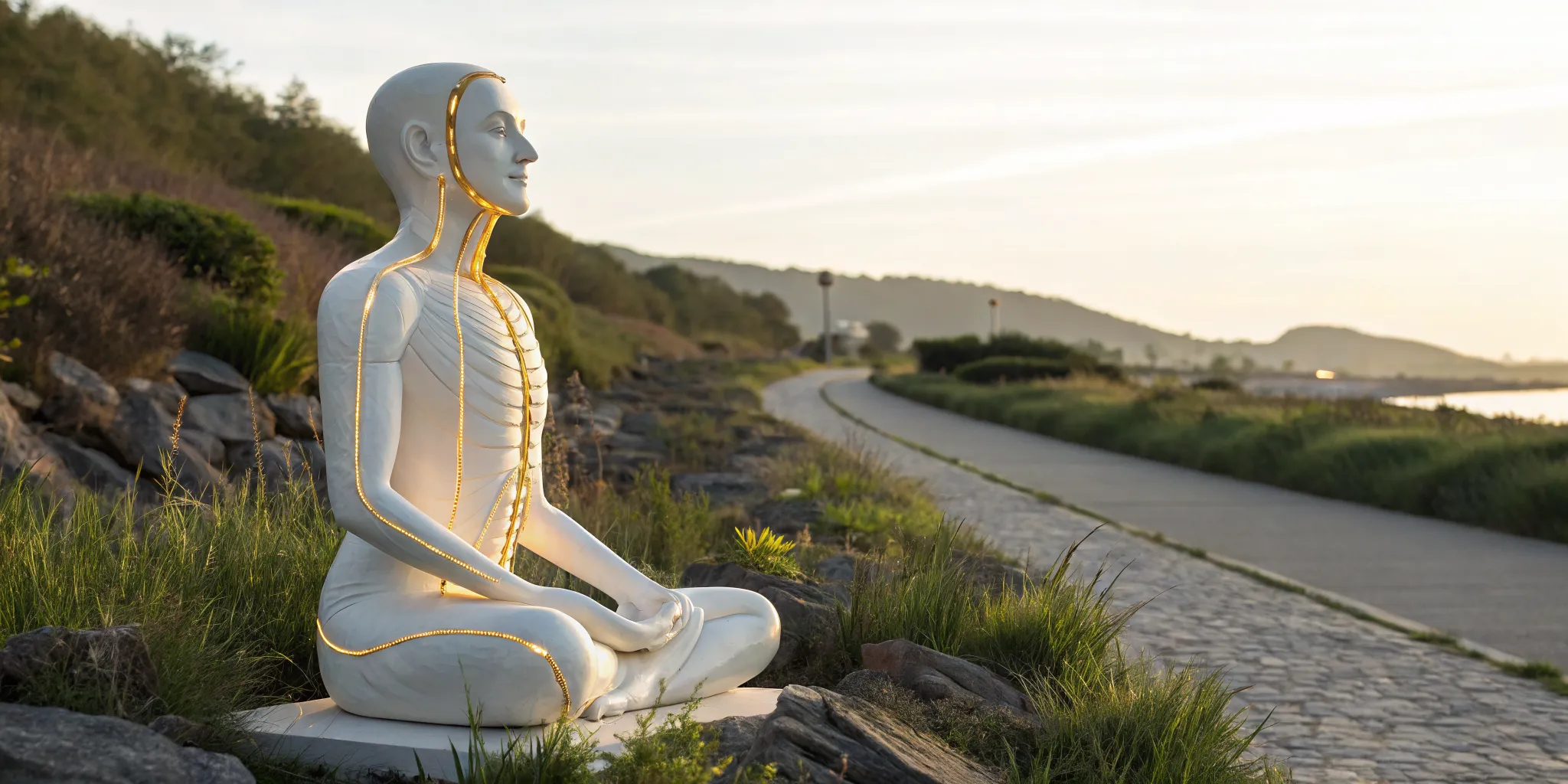 A meditating statue on a path, a technique for emotional healing of the nervous system.