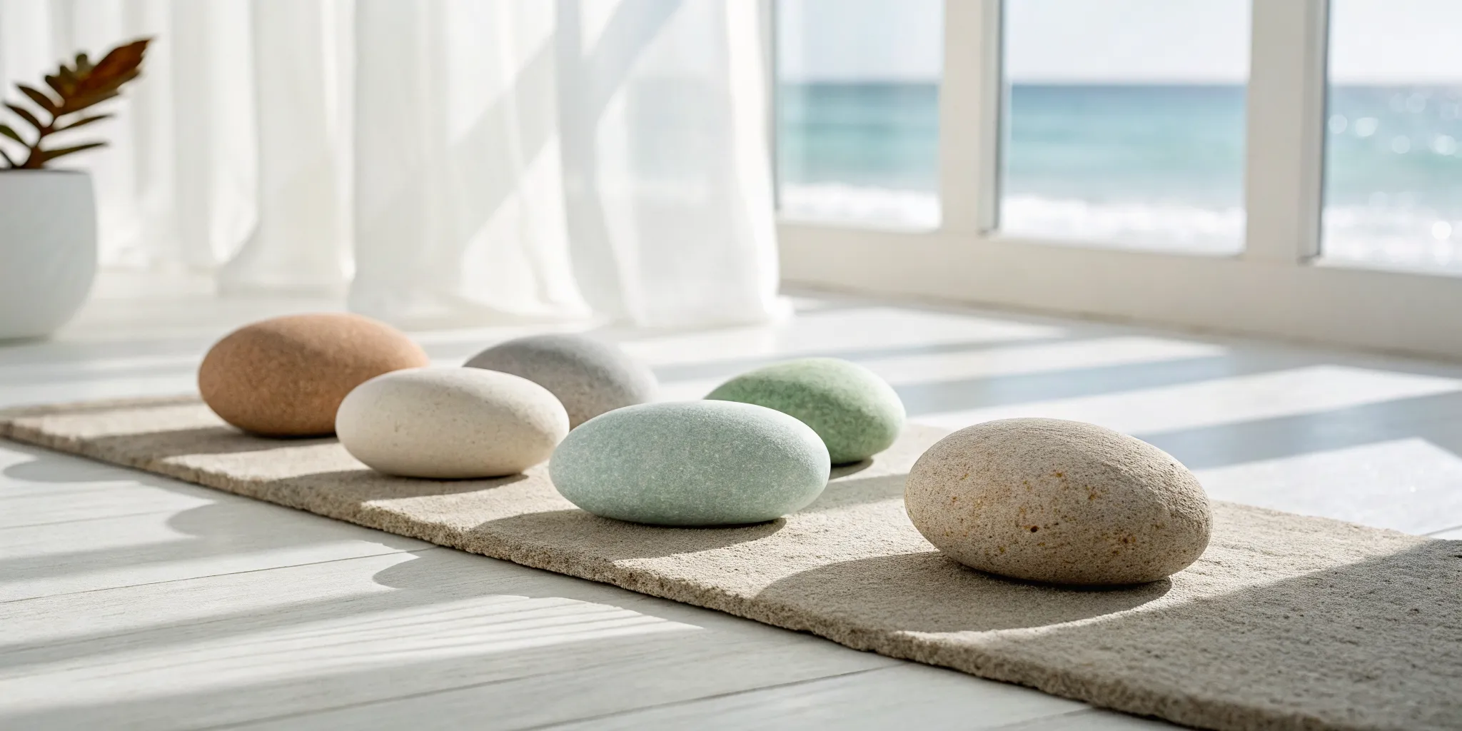Smooth stones on a mat by the ocean, a calm setting for emotional wellness retreats.