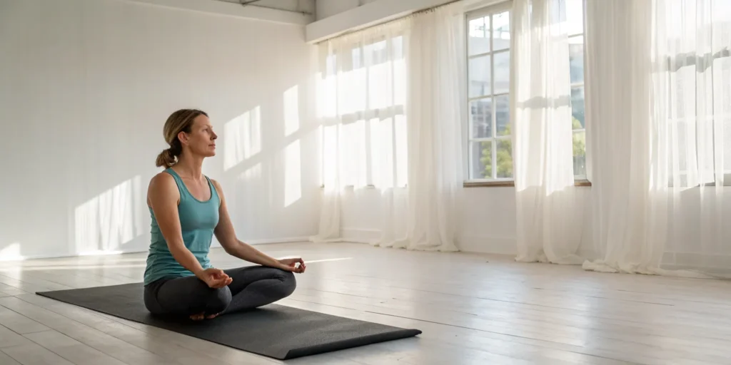 Woman practicing a somatic exercise on a yoga mat for trauma release and nervous system regulation.
