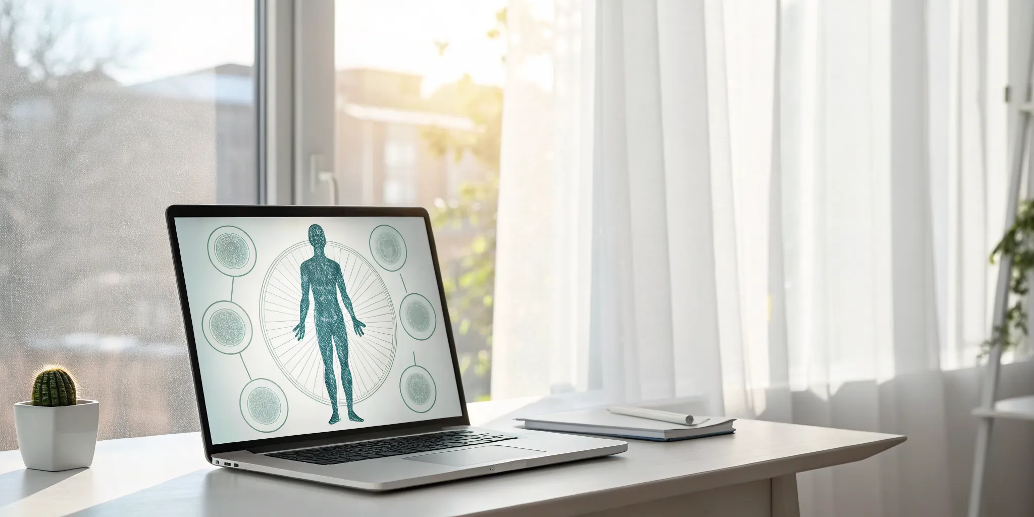 Studying a body diagram on a laptop for an online somatic therapy certification.