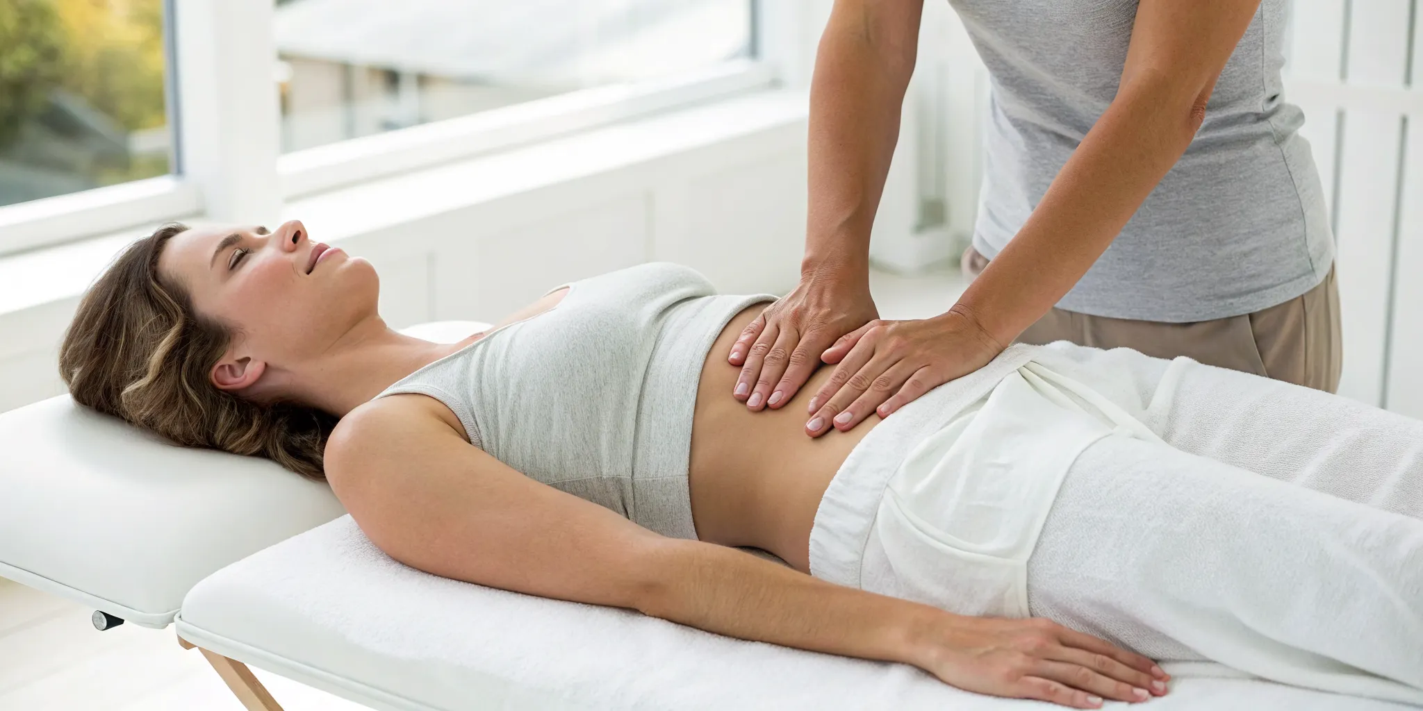 Woman receiving a gentle diaphragm massage from a therapist for anxiety relief and relaxation.
