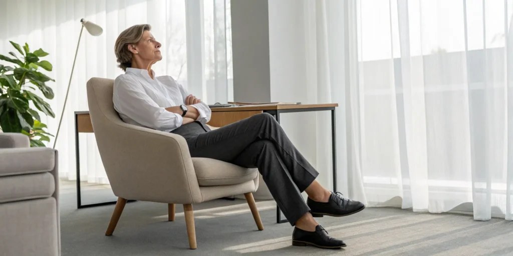 Woman calmly considers signing up for a guided somatic meditation session.