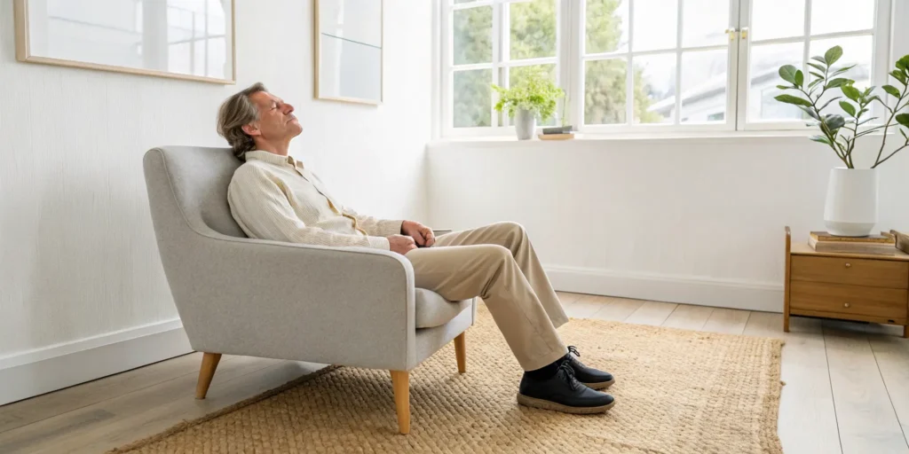Man relaxing in a chair, finding the best therapy for emotional trauma with a body-first approach.