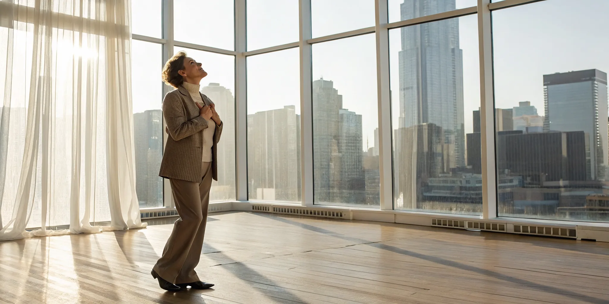 A woman finds peace in her body by a sunny window, ready to start over after divorce.