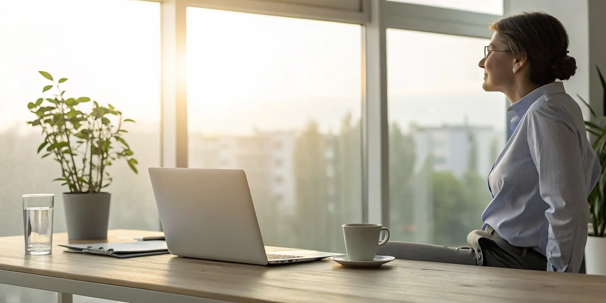 Woman taking a mindful pause at her desk, a simple vagus nerve exercise for anxiety.