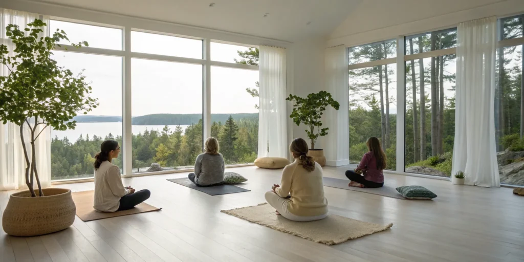 What to expect at a wellness retreat for women: group meditation in a room with nature views.