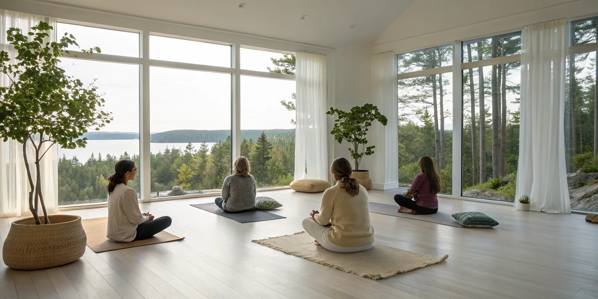 What to expect at a wellness retreat for women: group meditation in a room with nature views.