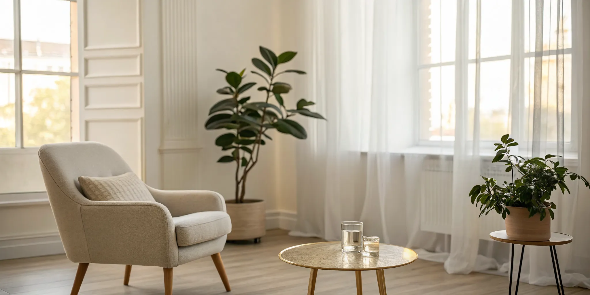 A calm therapy room with an armchair, a safe environment for a polyvagal theory course for therapists.