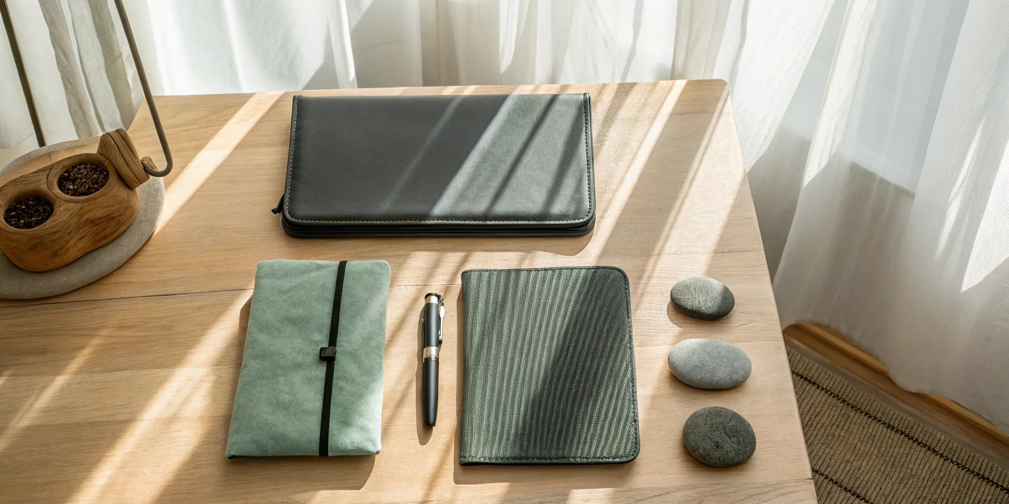 A trauma-informed toolkit with a journal and calming stones organized on a desk.