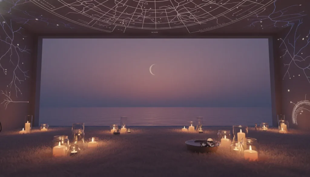 Candlelit room with an ocean horizon and subtle celestial patterns
