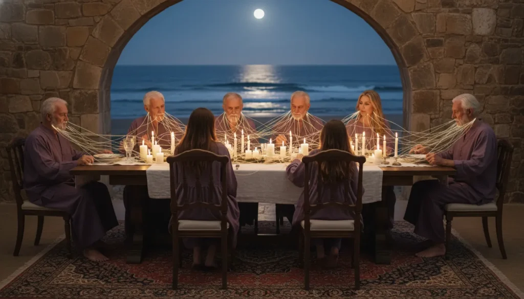 Multigenerational family connected by warm light near the ocean