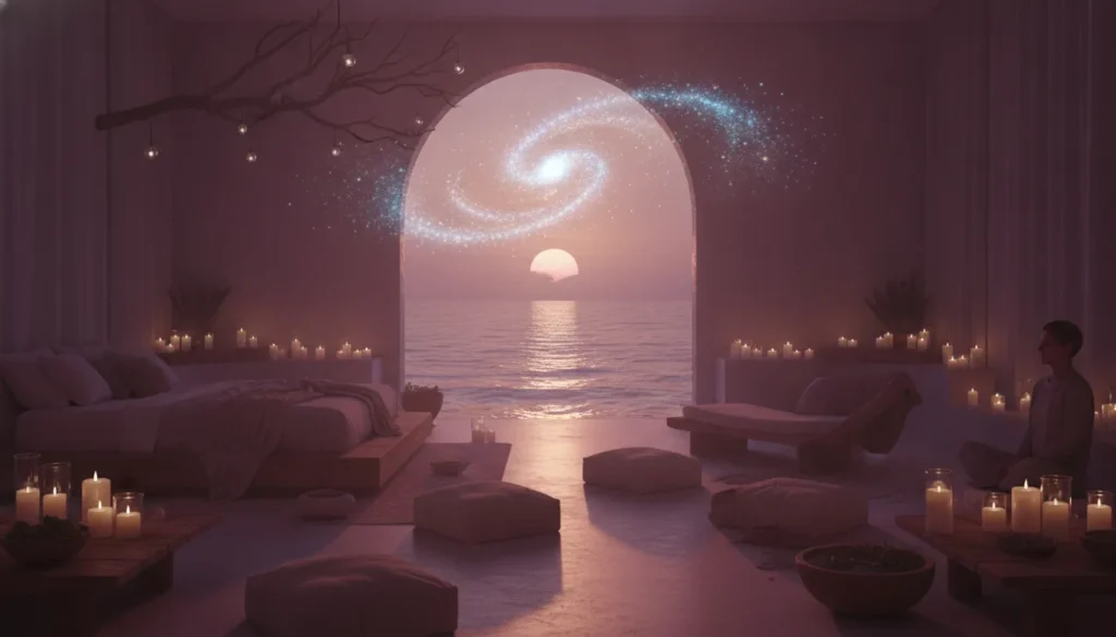 Cosmic representation of Chiron healing and nervous system regulation in a serene candlelit somatic room with ocean access.
