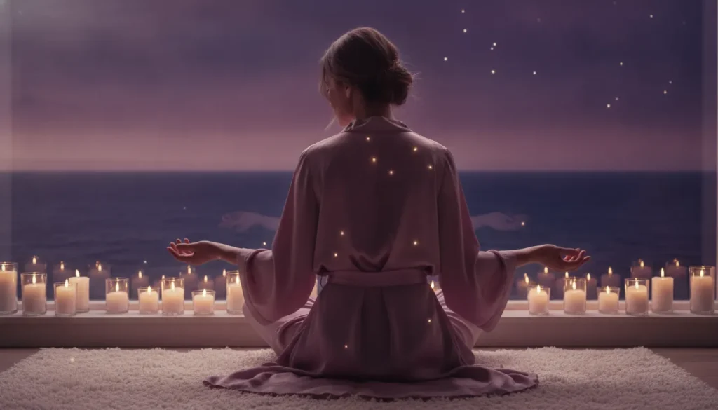 Woman in embodied reflection beside a candlelit ocean window