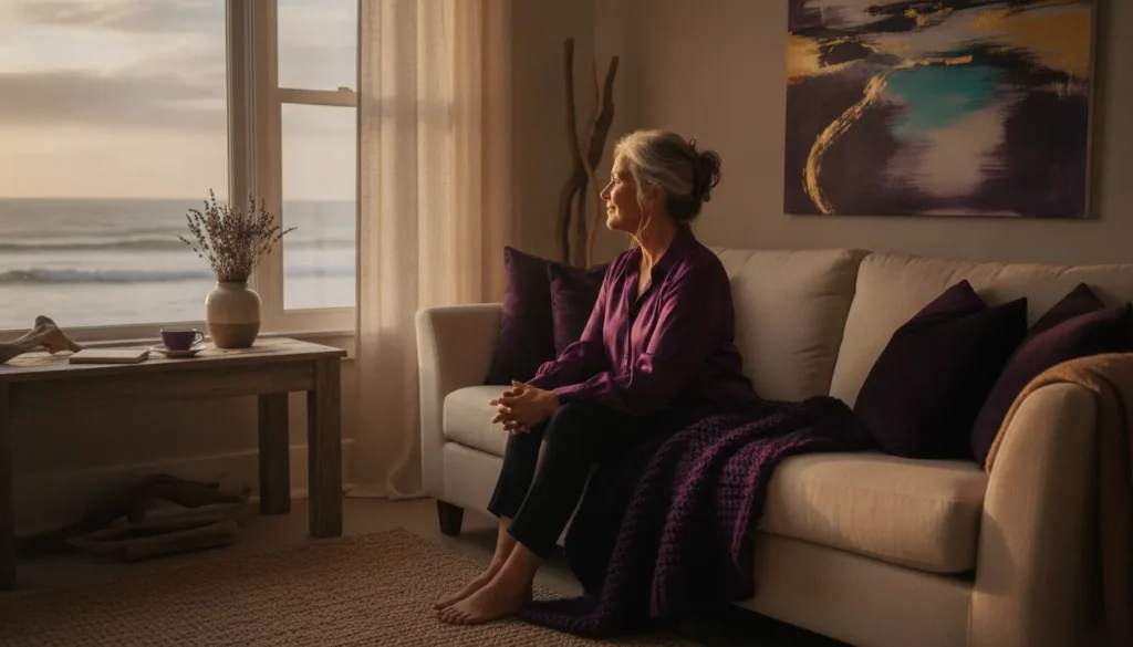 A reflective midlife woman in a warm coastal room