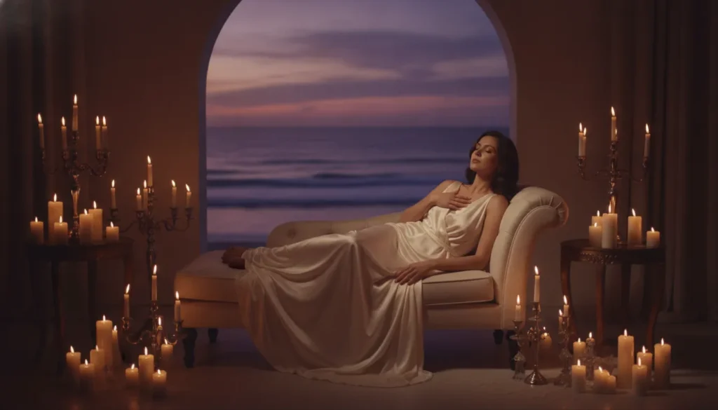 Woman resting in a calm candlelit room beside the ocean