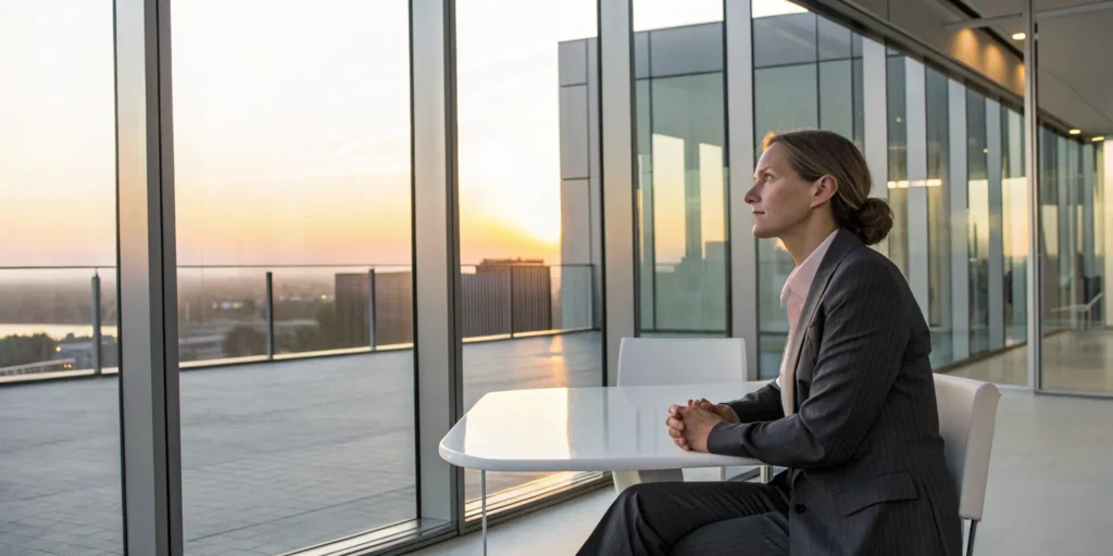 A woman sits alone at her desk, considering the physical symptoms of generational trauma.