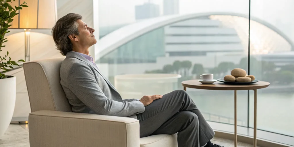 A man practicing a guided somatic meditation for anxiety.