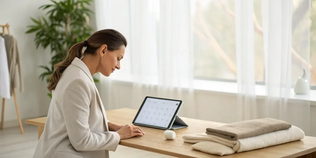 A woman booking a somatic healing session for women on a tablet.