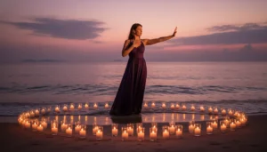 Woman practicing a grounded somatic boundary by the ocean