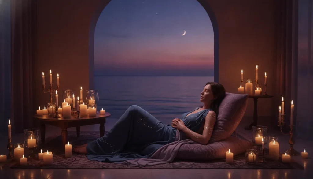 Woman resting in a candlelit room overlooking the ocean