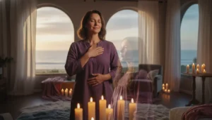 Woman practicing a body-first inner child healing exercise in a warm coastal room