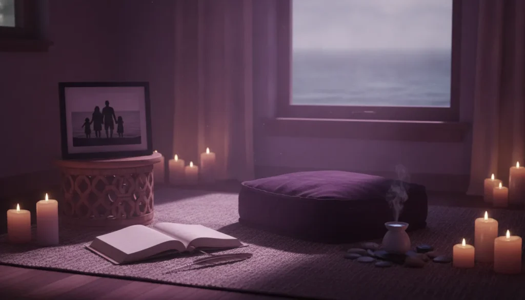 Candlelit room with journal and family photo for lineage grief reflection