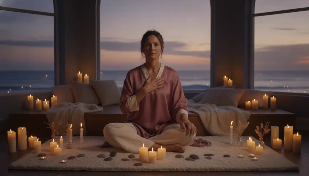 Woman grounding her nervous system after divorce in a candlelit room