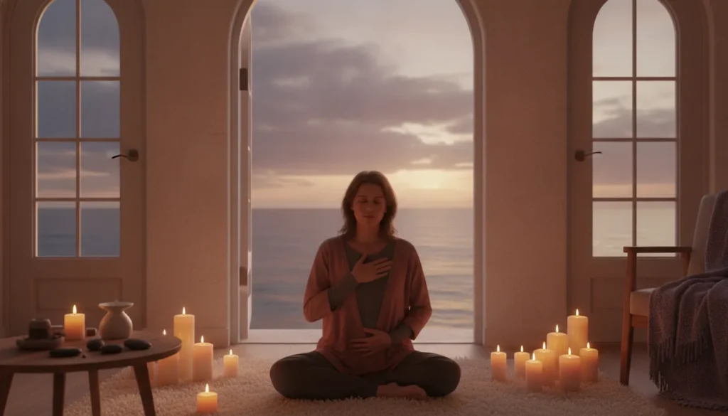 Woman resting in a warm room overlooking the ocean