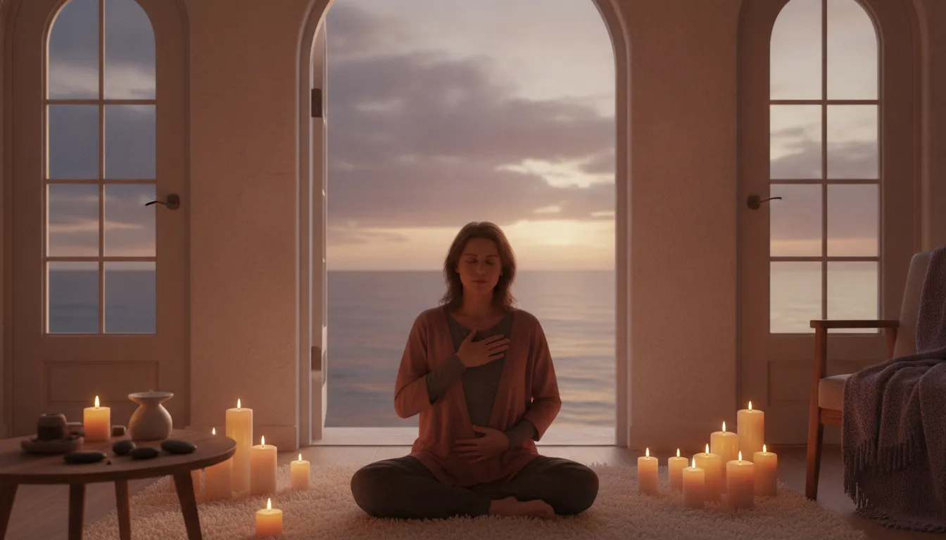Woman resting in a warm room overlooking the ocean