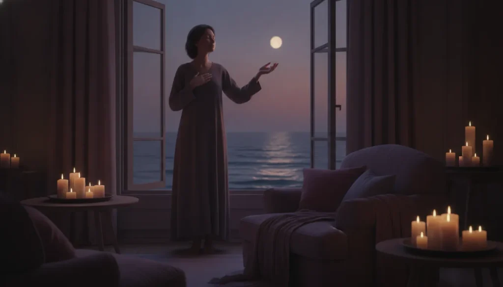 Woman practicing nervous system rest in a candlelit coastal room