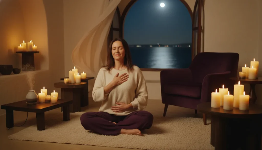 Woman practicing somatic meditation in a calm candlelit room