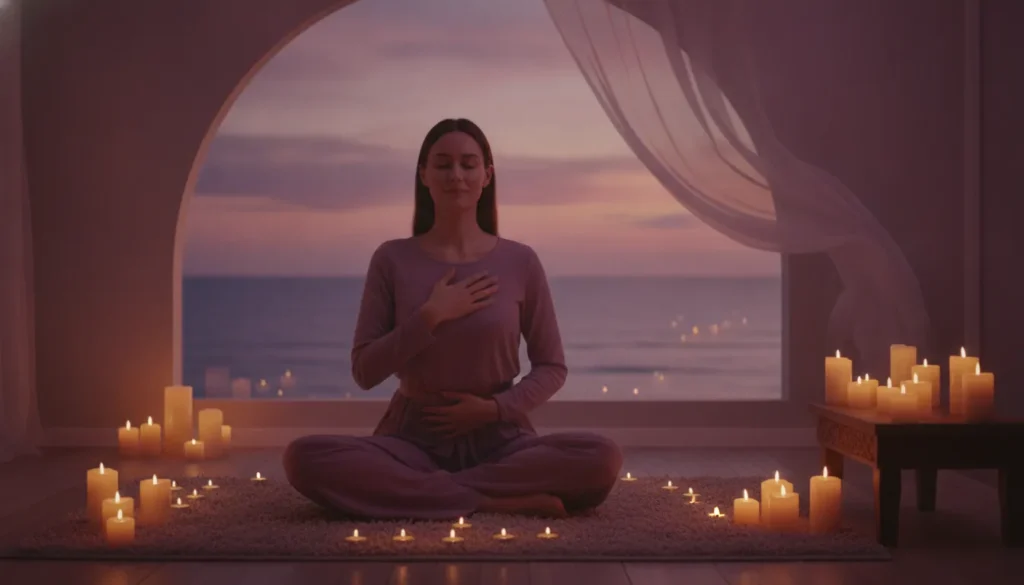 Woman practicing somatic meditation for women in a calm candlelit room
