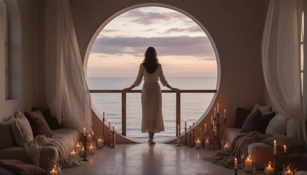 Woman resting in a candlelit room overlooking the ocean