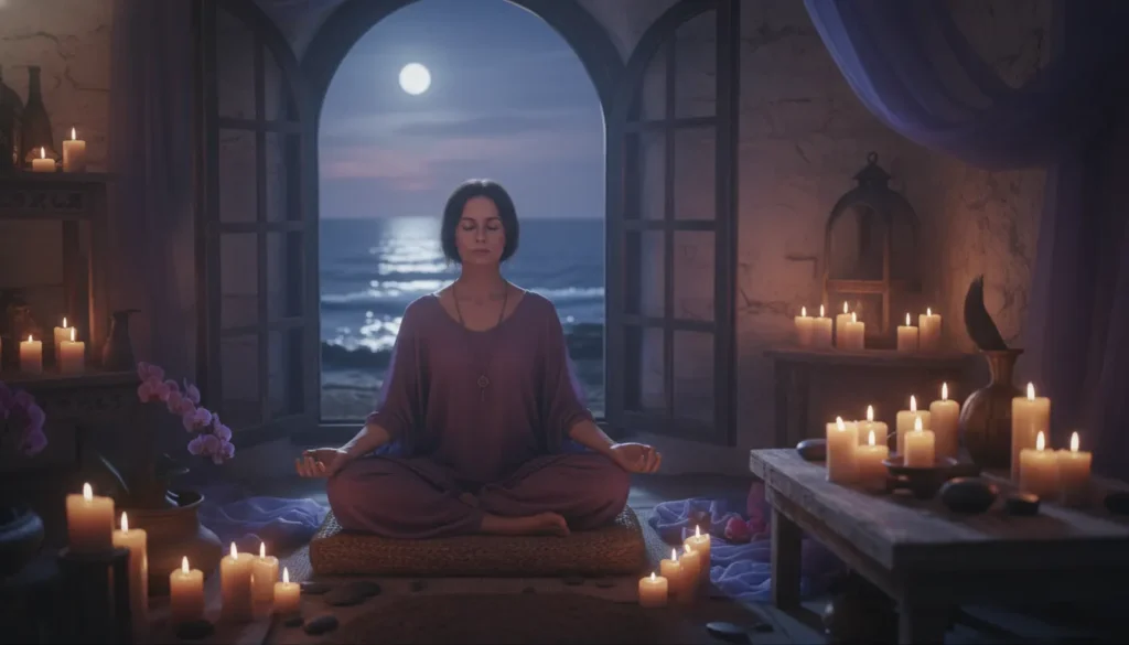 Woman practicing vagus nerve meditation in a calm coastal room
