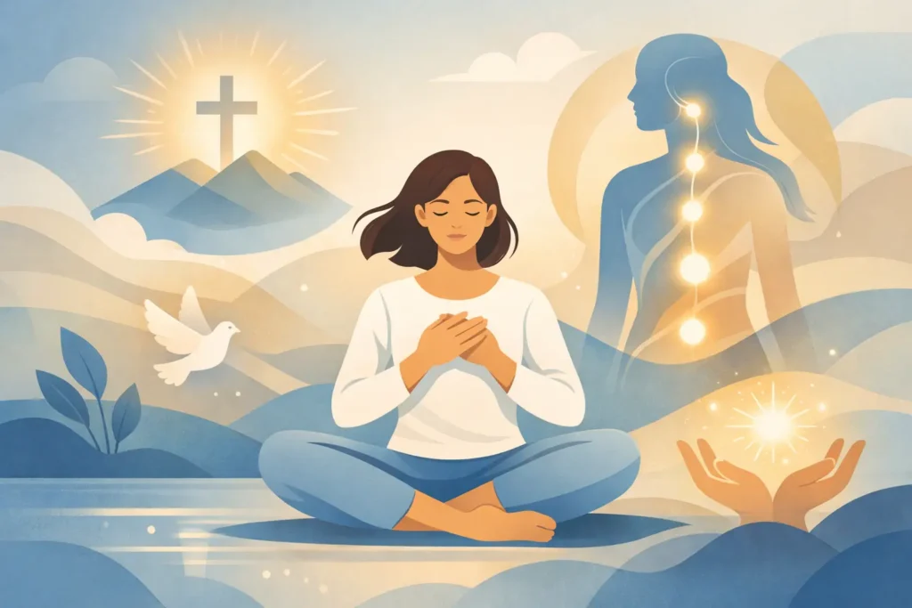 Woman meditating cross‑legged with hands on her chest, seated on water amid glowing orbs and spiritual imagery in a calming blue landscape.