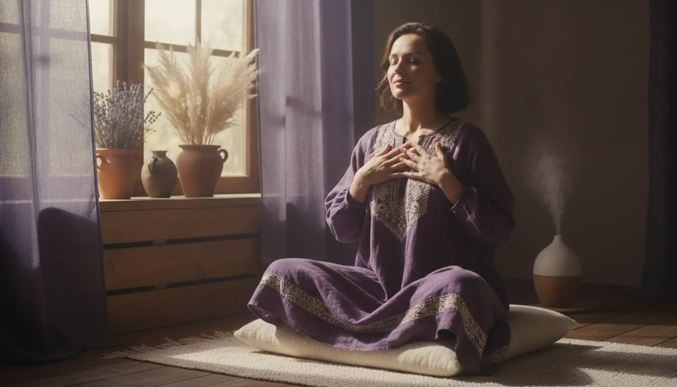 Woman sitting peacefully by a sunlit window, hands resting gently on chest, eyes closed in meditation