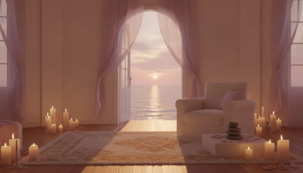 Serene candlelit room with open door to calm evening ocean