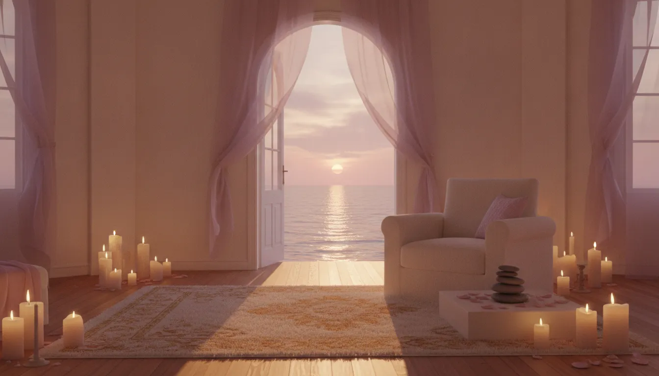 Serene candlelit room with open door to calm evening ocean