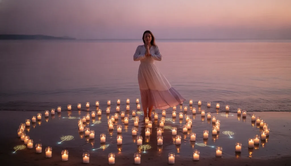 Woman in a candlelit room near a window, soft purple and mauve light, oceanic atmosphere, healing and release