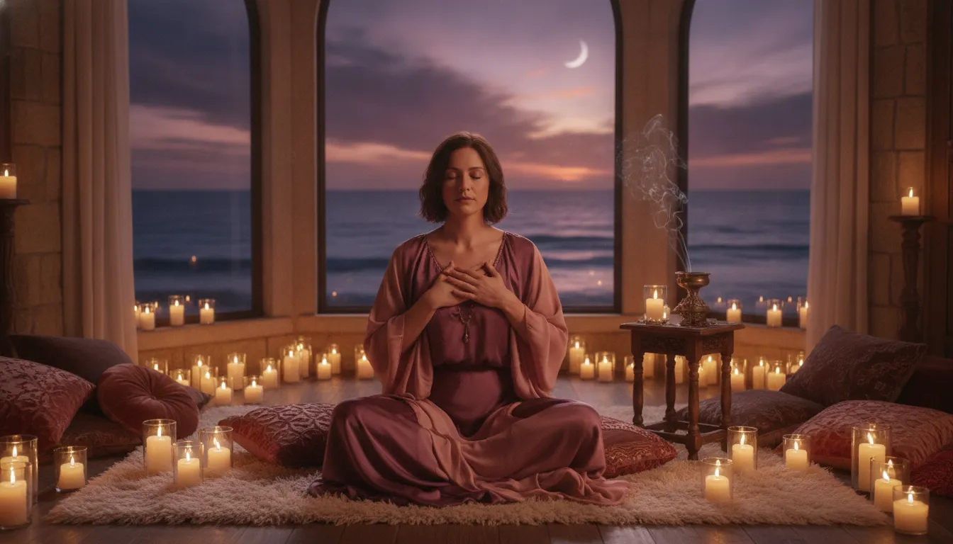 Woman sitting in somatic meditation in a candlelit room with ocean view, healing her nervous system
