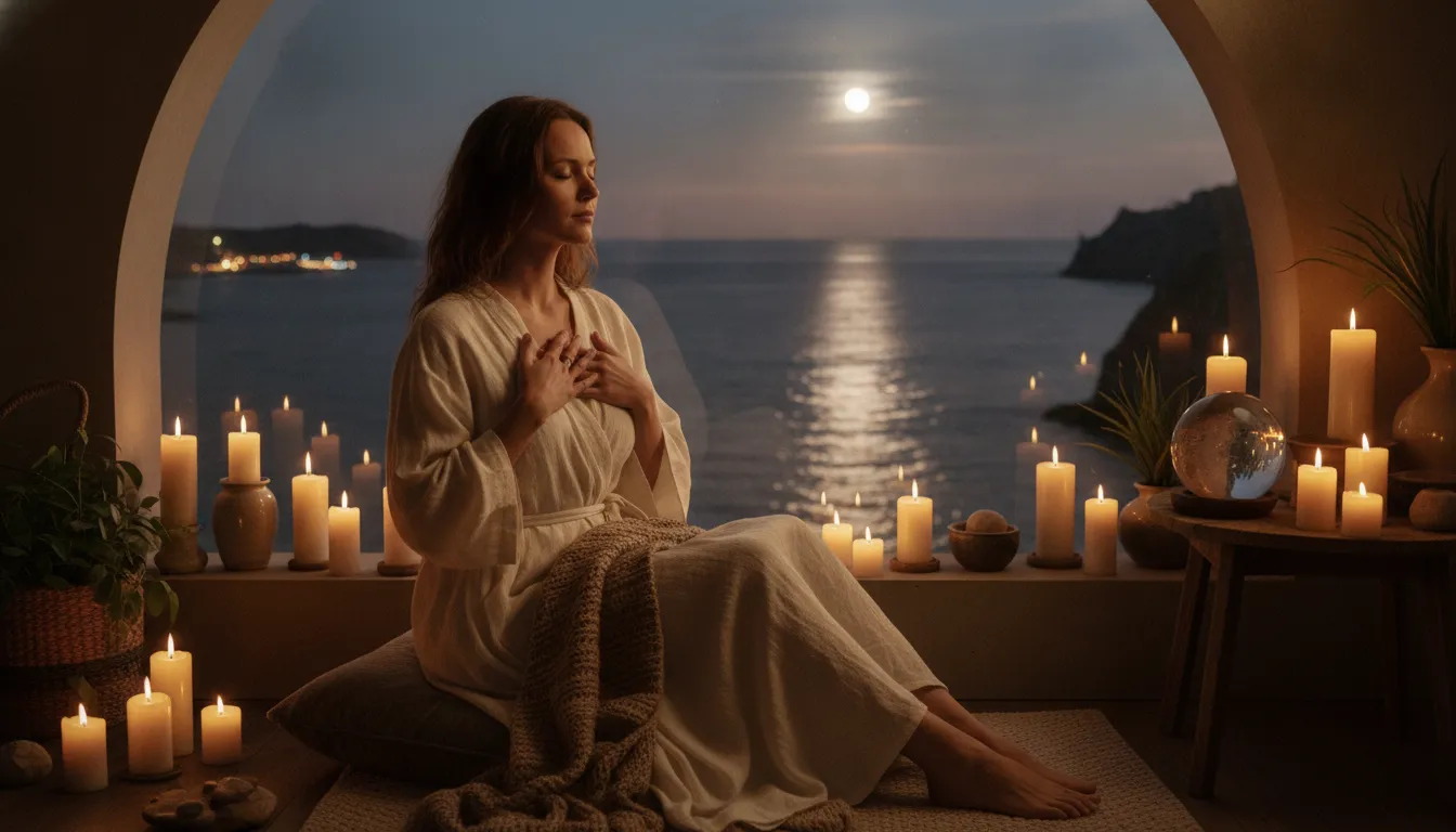 Woman sitting peacefully by candlelit window, hands on her heart, soft warm light