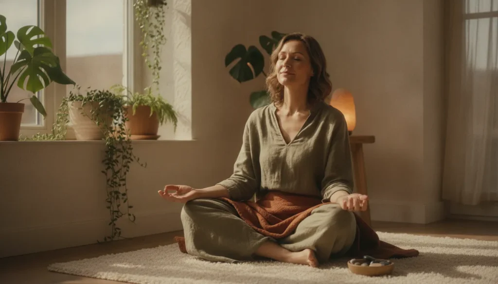 Woman in her 40s sitting peacefully by a window in warm natural light