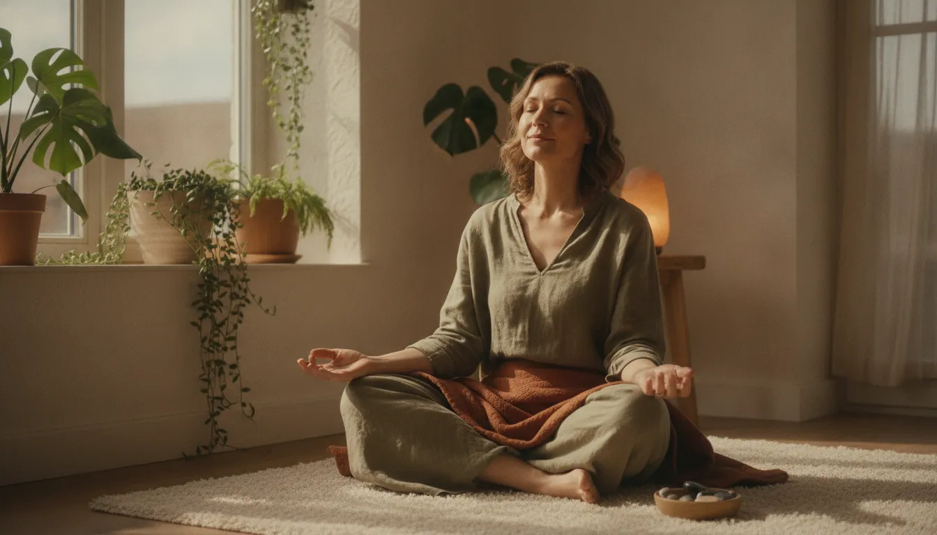 Woman in her 40s sitting peacefully by a window in warm natural light