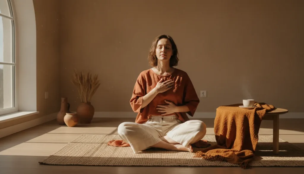A calm woman sitting in a sunlit room with her hands on her heart, embodying somatic healing and nervous system regulation