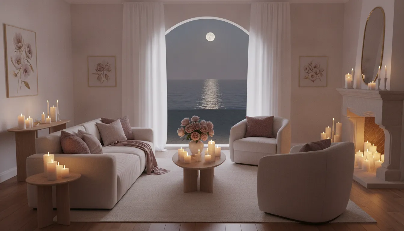 A candlelit room with cream and mauve pink accents, a soft ocean view outside an open window.