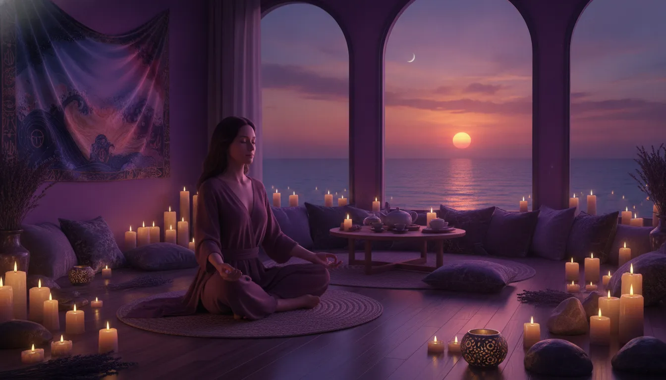 Woman sitting peacefully in candlelit room with ocean view, deep purple and mauve tones, intimate healing atmosphere