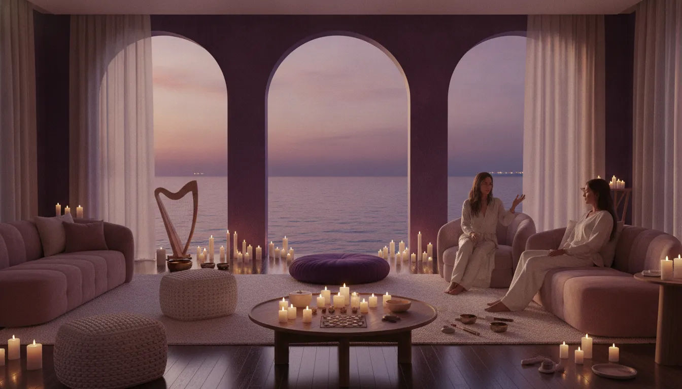 A candlelit wellness room facing a calm ocean at dusk with somatic therapy elements.
