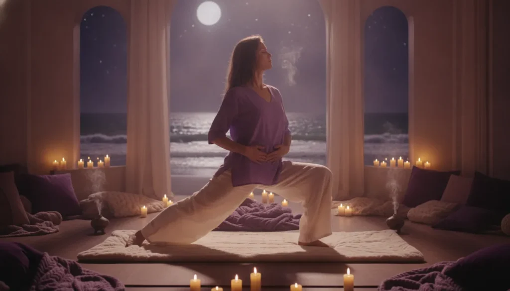 Woman practicing gentle somatic yoga in a candlelit room with soft lighting near the ocean